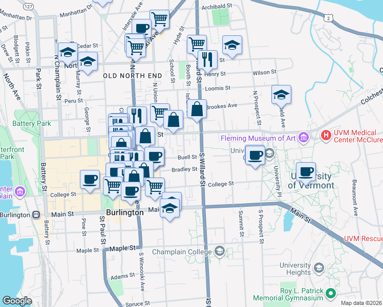 map of restaurants, bars, coffee shops, grocery stores, and more near 41 South Willard Street in Burlington
