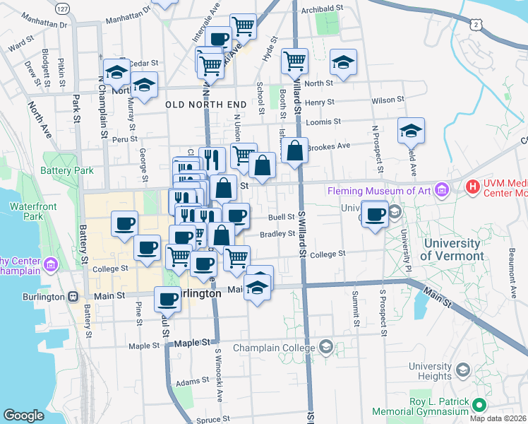 map of restaurants, bars, coffee shops, grocery stores, and more near 37 Hungerford Terrace in Burlington