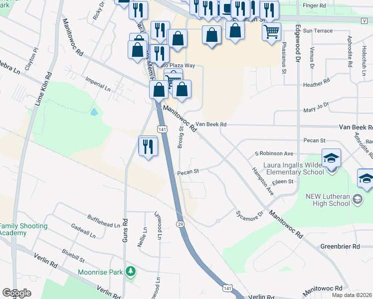 map of restaurants, bars, coffee shops, grocery stores, and more near 1157 Brosig Street in Green Bay