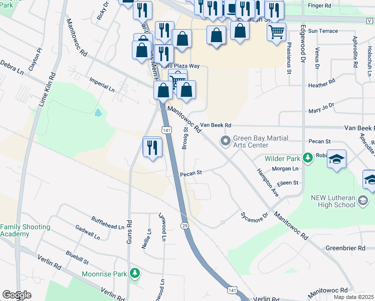 map of restaurants, bars, coffee shops, grocery stores, and more near 1157 Brosig Street in Green Bay