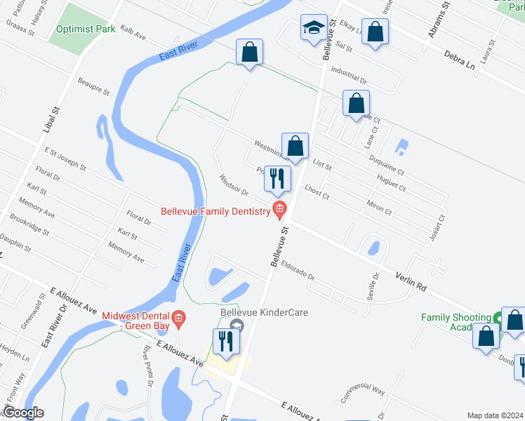 map of restaurants, bars, coffee shops, grocery stores, and more near 1398 Kingston Terrace in Green Bay