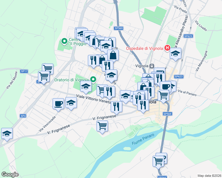 map of restaurants, bars, coffee shops, grocery stores, and more near 447 Via della Pace in Vignola