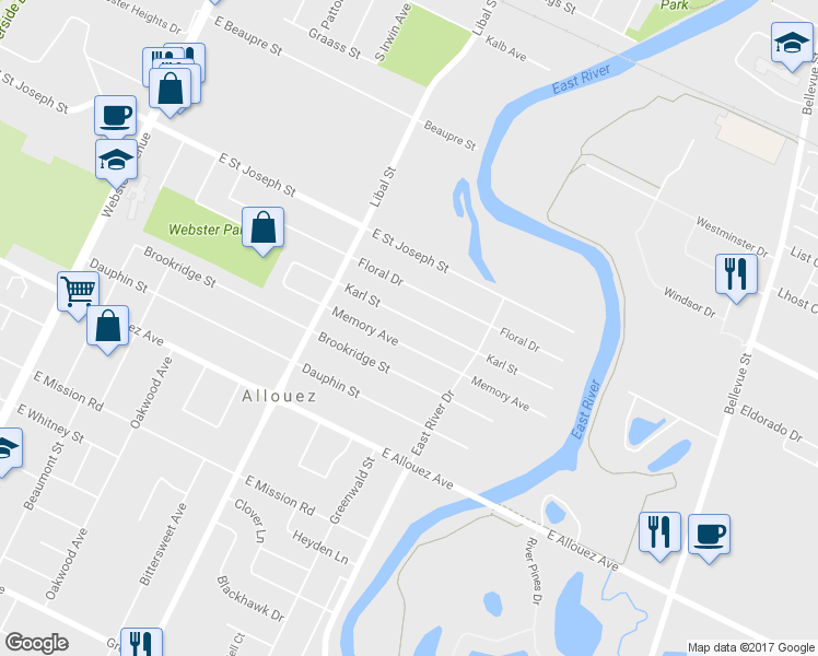 map of restaurants, bars, coffee shops, grocery stores, and more near 636 Karl Street in Green Bay