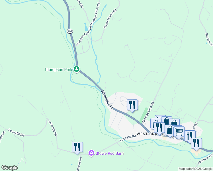 map of restaurants, bars, coffee shops, grocery stores, and more near 2438 Mountain Road in Stowe