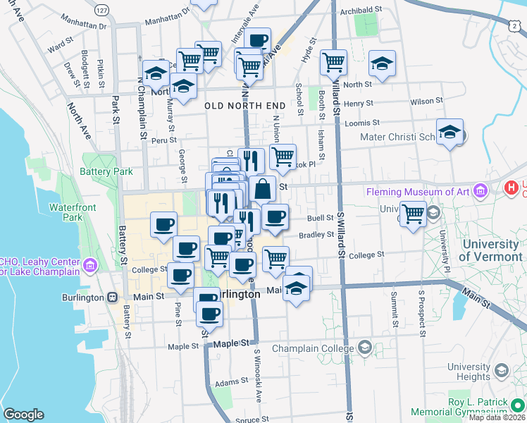map of restaurants, bars, coffee shops, grocery stores, and more near 38 South Winooski Avenue in Burlington