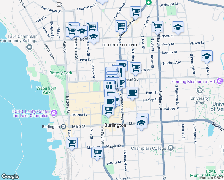 map of restaurants, bars, coffee shops, grocery stores, and more near 36 Church Street in Burlington