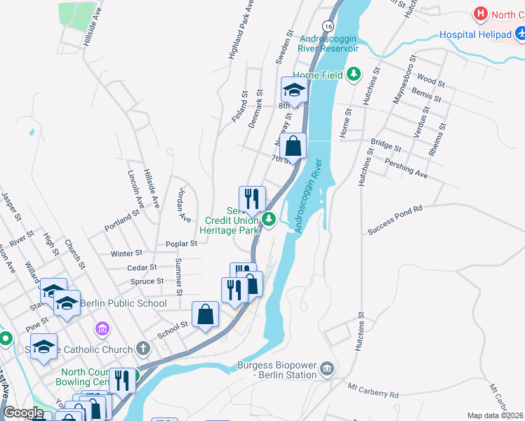 map of restaurants, bars, coffee shops, grocery stores, and more near 1051 Main Street in Berlin