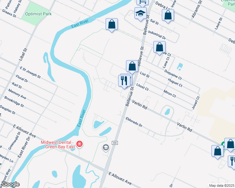 map of restaurants, bars, coffee shops, grocery stores, and more near 1398 Kingston Terrace in Green Bay