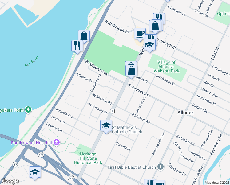 map of restaurants, bars, coffee shops, grocery stores, and more near 117 Miramar Drive in Green Bay