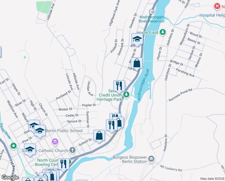 map of restaurants, bars, coffee shops, grocery stores, and more near 111 Maple Street in Berlin