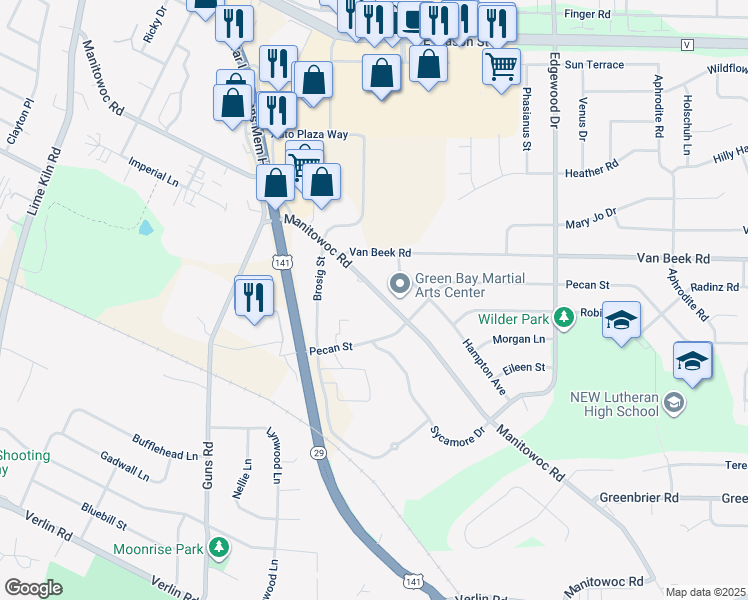 map of restaurants, bars, coffee shops, grocery stores, and more near 2350 Manitowoc Road in Green Bay