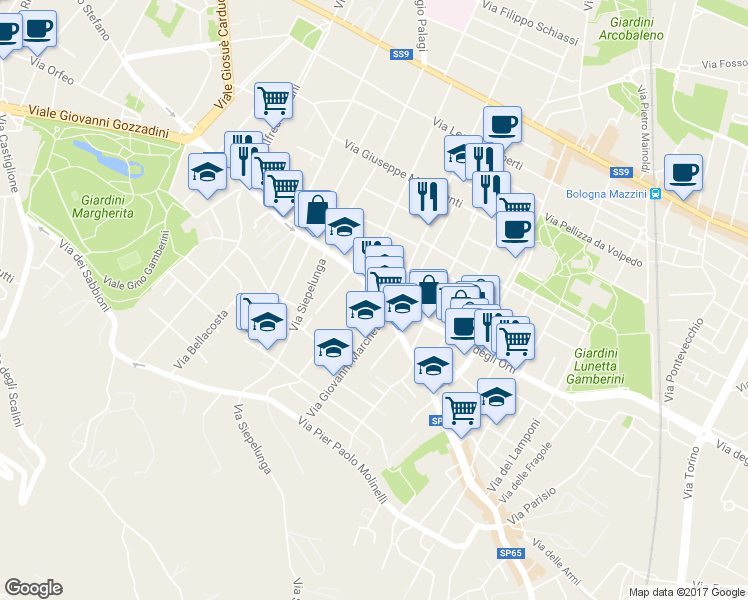 map of restaurants, bars, coffee shops, grocery stores, and more near 103 Via Augusto Murri in Bologna
