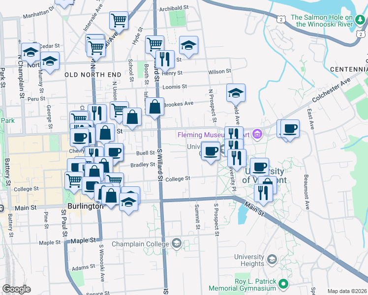 map of restaurants, bars, coffee shops, grocery stores, and more near 43 South Williams Street in Burlington