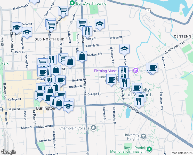 map of restaurants, bars, coffee shops, grocery stores, and more near 43 South Williams Street in Burlington