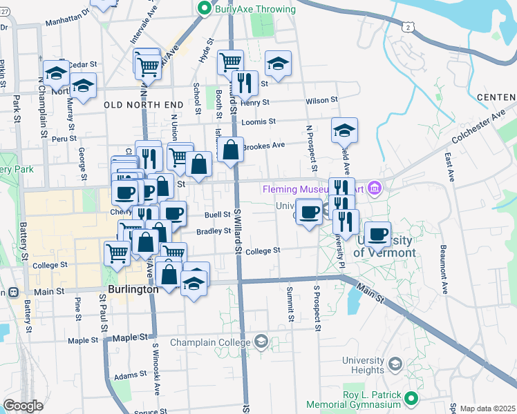 map of restaurants, bars, coffee shops, grocery stores, and more near 47 South Williams Street in Burlington