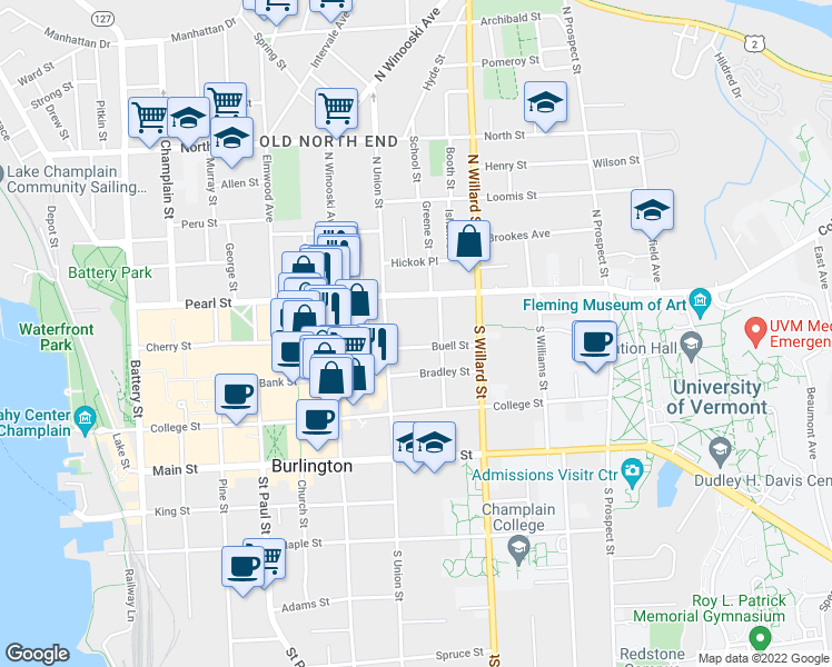 map of restaurants, bars, coffee shops, grocery stores, and more near 37 Hungerford Terrace in Burlington