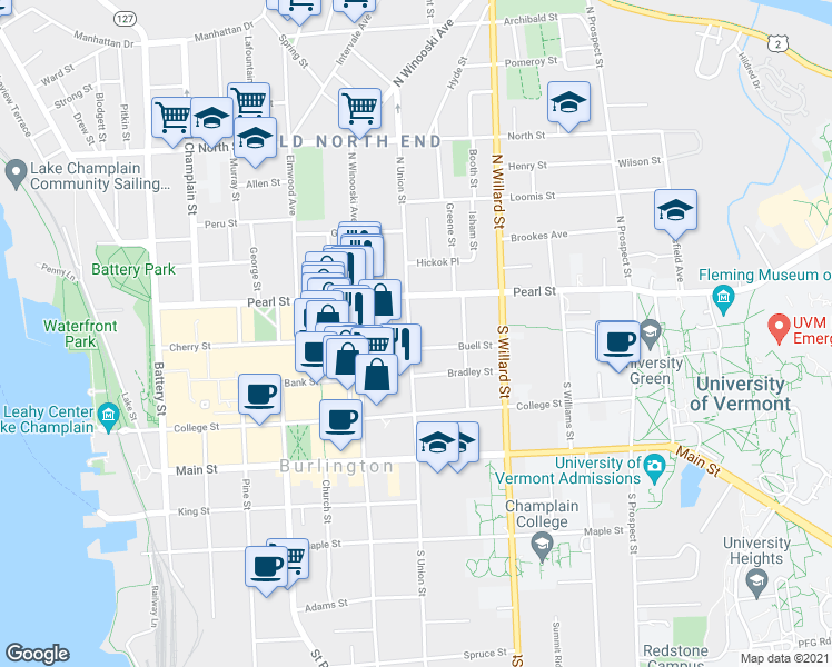 map of restaurants, bars, coffee shops, grocery stores, and more near in Burlington
