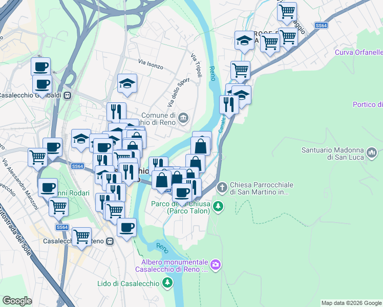 map of restaurants, bars, coffee shops, grocery stores, and more near 8 Via Don Luigi Gnocchi in Casalecchio di Reno