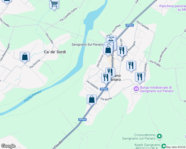 map of restaurants, bars, coffee shops, grocery stores, and more near 233C Via Doccia in Savignano Sul Panaro