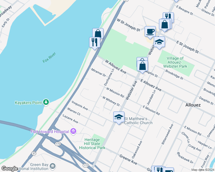 map of restaurants, bars, coffee shops, grocery stores, and more near 222 West Mission Road in Green Bay