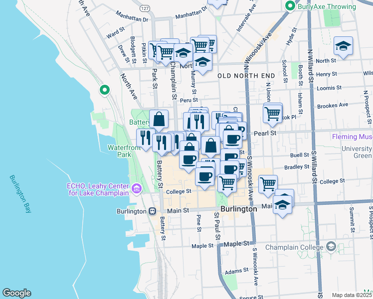 map of restaurants, bars, coffee shops, grocery stores, and more near 50 Cherry Street in Burlington