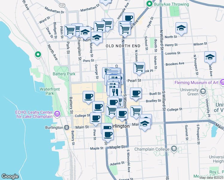 map of restaurants, bars, coffee shops, grocery stores, and more near 110 Cherry Street in Burlington