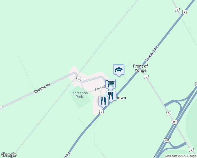 map of restaurants, bars, coffee shops, grocery stores, and more near 30 Quabbin Road in Mallorytown