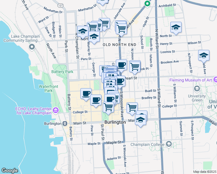 map of restaurants, bars, coffee shops, grocery stores, and more near 110 Cherry Street in Burlington