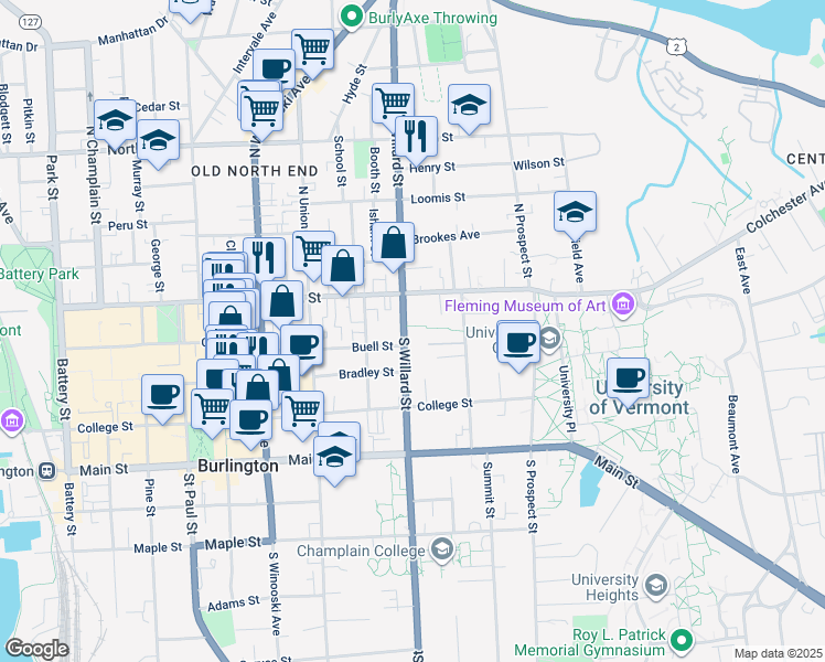 map of restaurants, bars, coffee shops, grocery stores, and more near 41 South Willard Street in Burlington