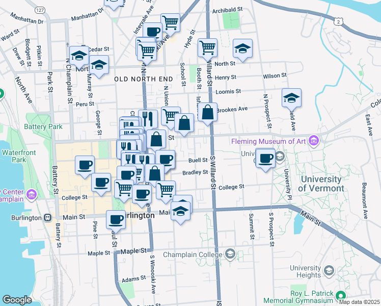map of restaurants, bars, coffee shops, grocery stores, and more near 37 Hungerford Terrace in Burlington