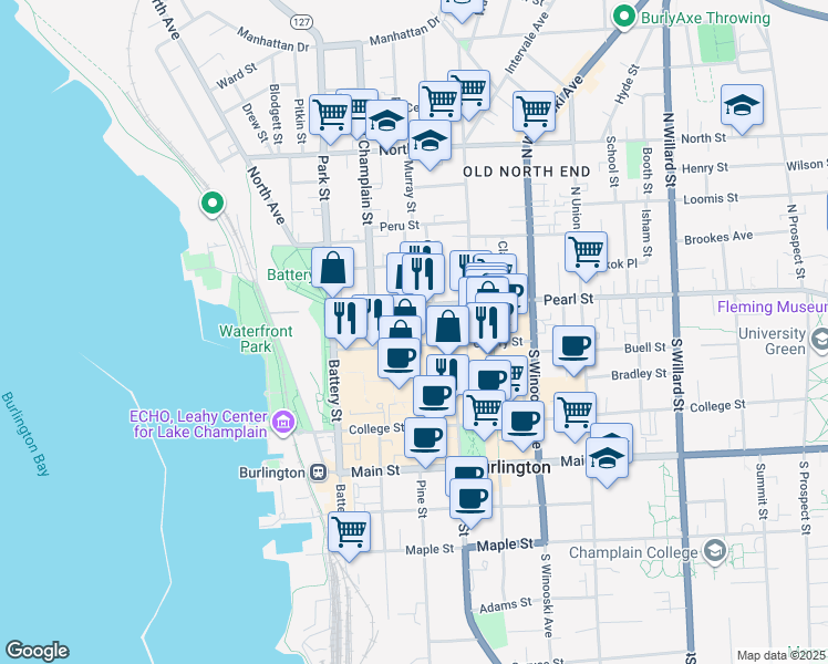 map of restaurants, bars, coffee shops, grocery stores, and more near 50 Cherry Street in Burlington