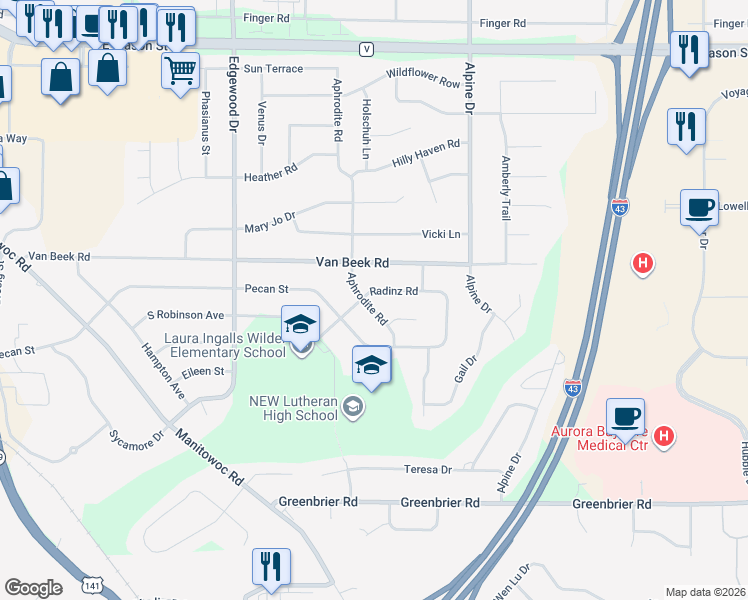 map of restaurants, bars, coffee shops, grocery stores, and more near 1150 Aphrodite Road in Green Bay
