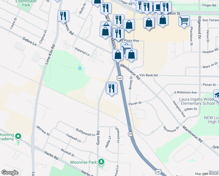 map of restaurants, bars, coffee shops, grocery stores, and more near 1232 Guns Street in Bellevue