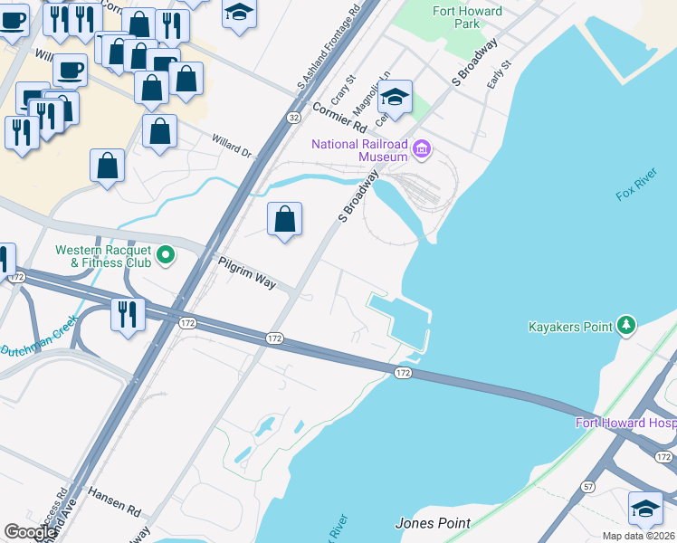 map of restaurants, bars, coffee shops, grocery stores, and more near 470 Marina Lane in Green Bay