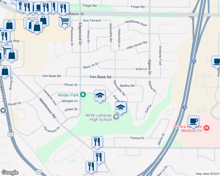 map of restaurants, bars, coffee shops, grocery stores, and more near 2579 Pecan Street in Green Bay