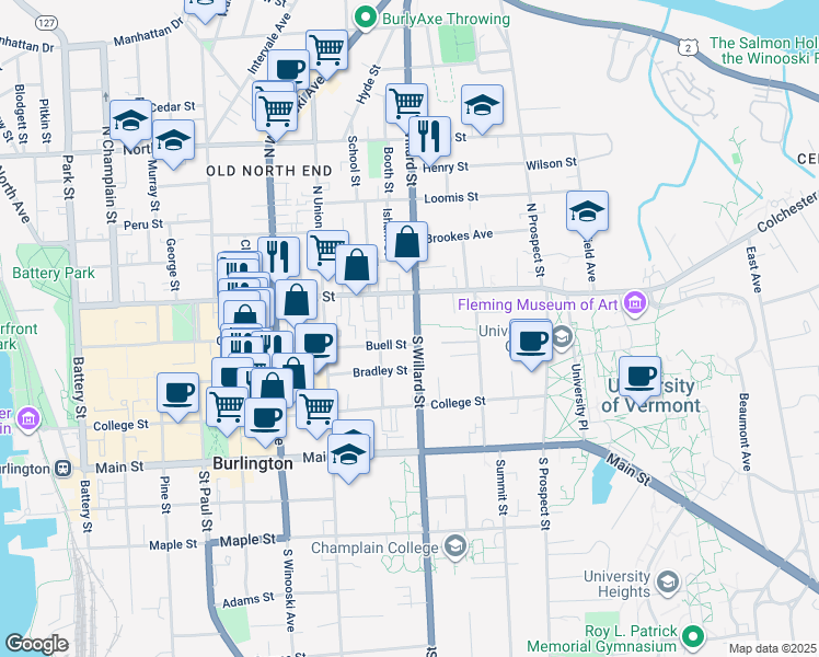 map of restaurants, bars, coffee shops, grocery stores, and more near 41 South Willard Street in Burlington