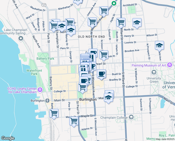 map of restaurants, bars, coffee shops, grocery stores, and more near 150 Cherry Street in Burlington