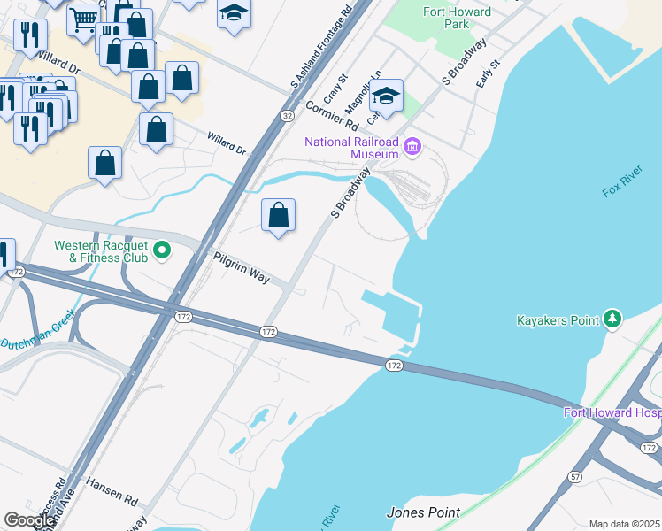 map of restaurants, bars, coffee shops, grocery stores, and more near 470 Marina Lane in Green Bay