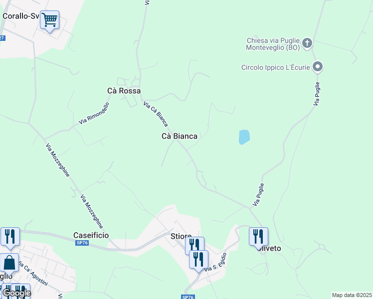 map of restaurants, bars, coffee shops, grocery stores, and more near 38 Via Cà Bianca in Cà Bianca