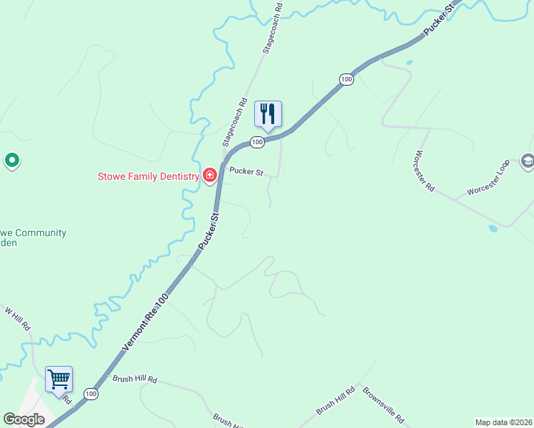 map of restaurants, bars, coffee shops, grocery stores, and more near 103 Foxfire Lane in Stowe
