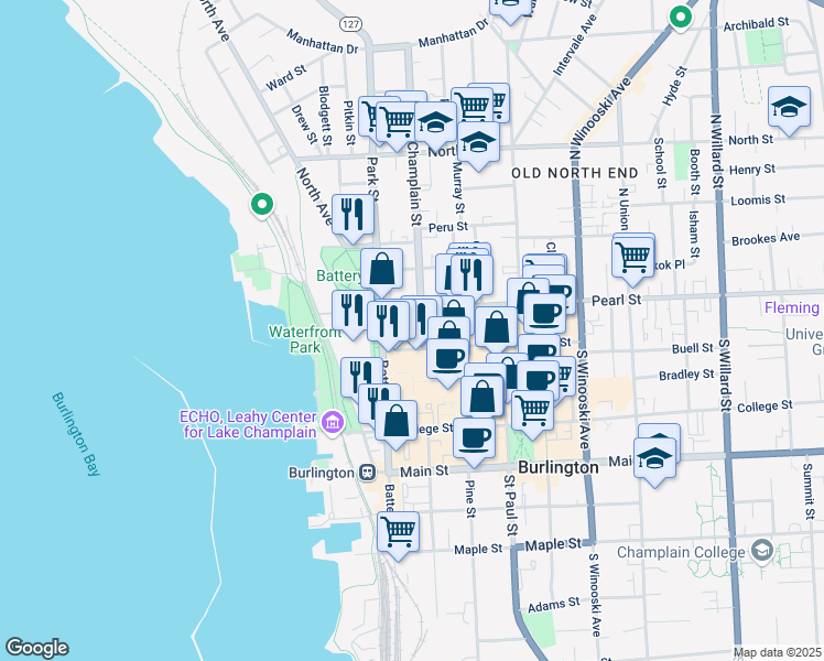 map of restaurants, bars, coffee shops, grocery stores, and more near 3 Cathedral Square in Burlington