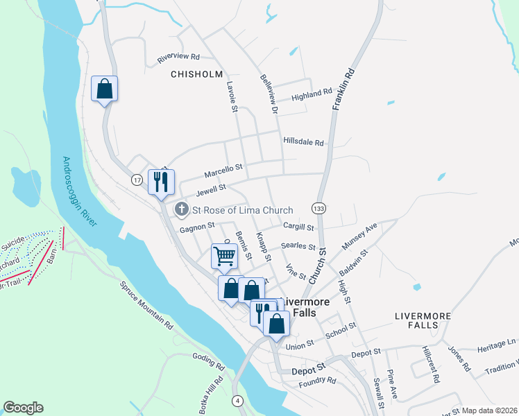 map of restaurants, bars, coffee shops, grocery stores, and more near 63 Knapp Street in Jay