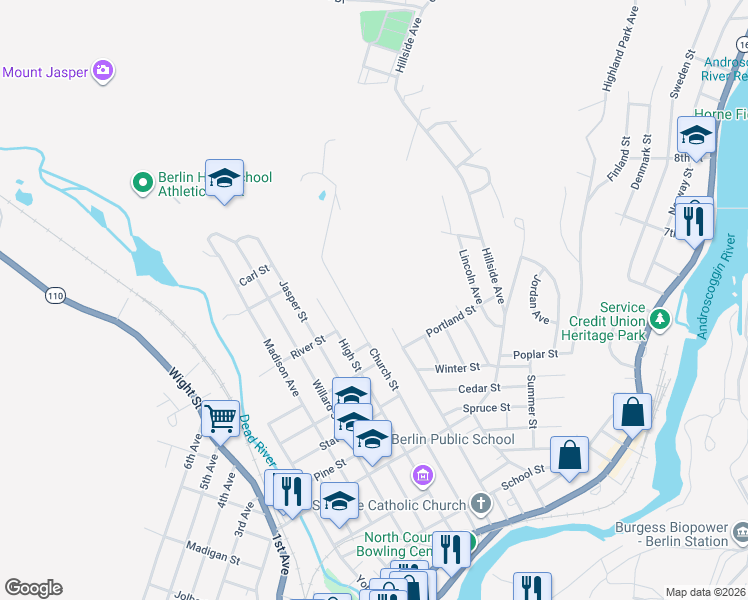 map of restaurants, bars, coffee shops, grocery stores, and more near 404 Church Street in Berlin