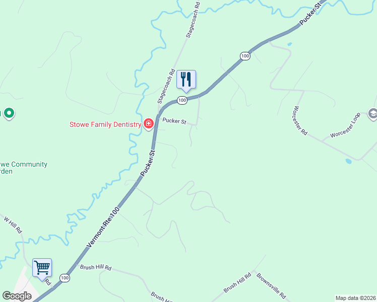 map of restaurants, bars, coffee shops, grocery stores, and more near 103 Foxfire Ln in Stowe