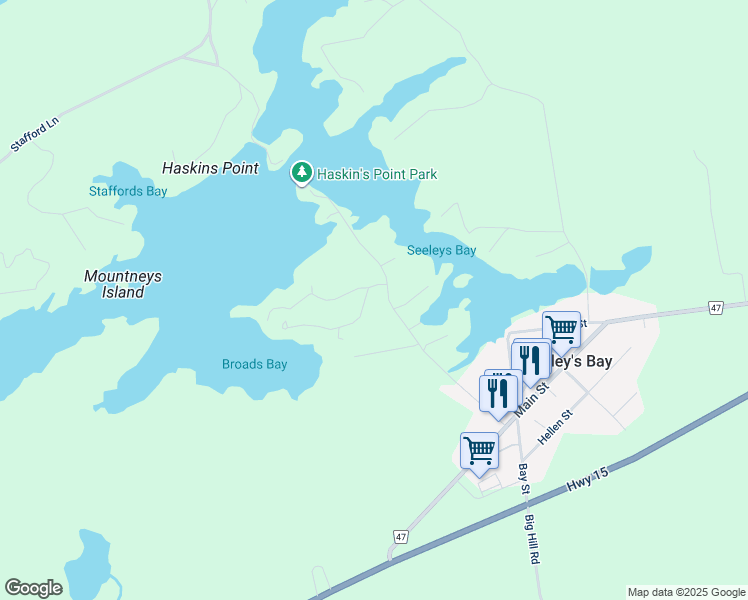 map of restaurants, bars, coffee shops, grocery stores, and more near 124 Haskins Point Road in Seeley's Bay