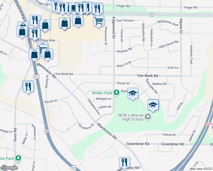 map of restaurants, bars, coffee shops, grocery stores, and more near 2494 Pecan Street in Green Bay