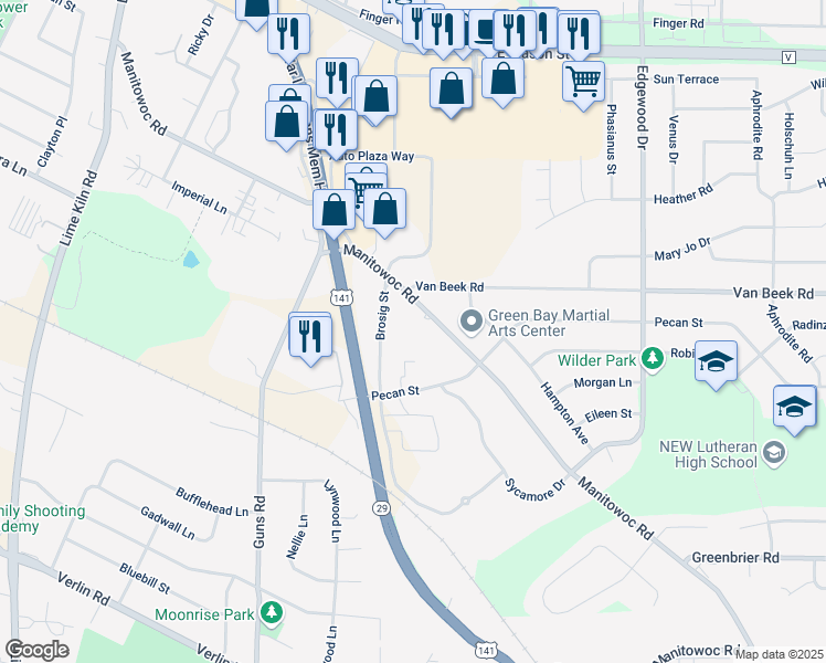 map of restaurants, bars, coffee shops, grocery stores, and more near 1157 Brosig Street in Green Bay