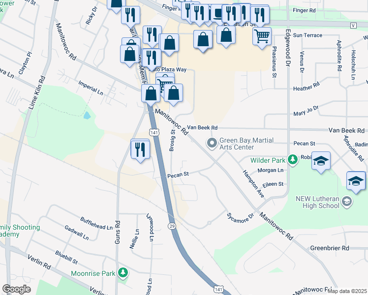 map of restaurants, bars, coffee shops, grocery stores, and more near 1157 Brosig Street in Green Bay