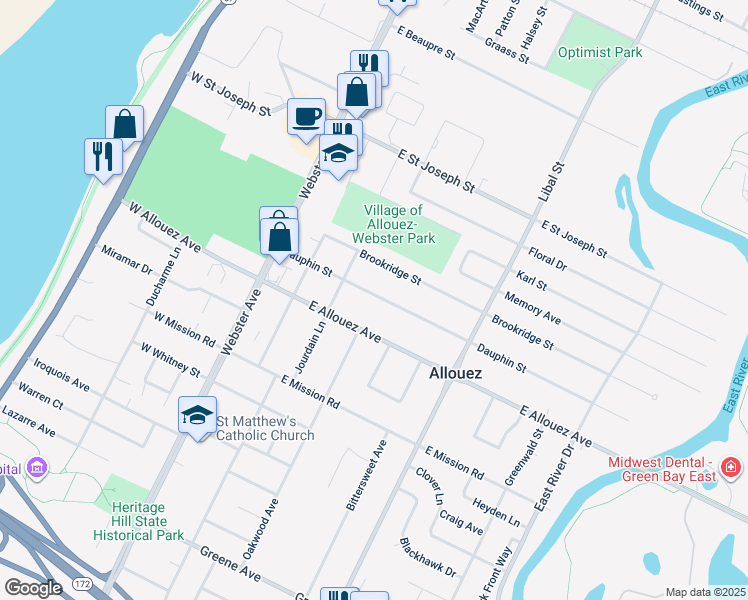 map of restaurants, bars, coffee shops, grocery stores, and more near 300 Dauphin Street in Green Bay