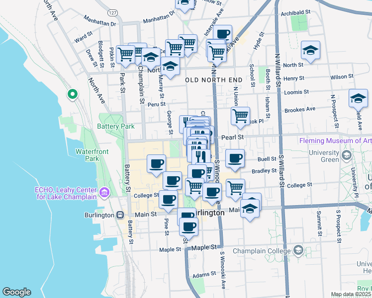 map of restaurants, bars, coffee shops, grocery stores, and more near 110 Cherry Street in Burlington